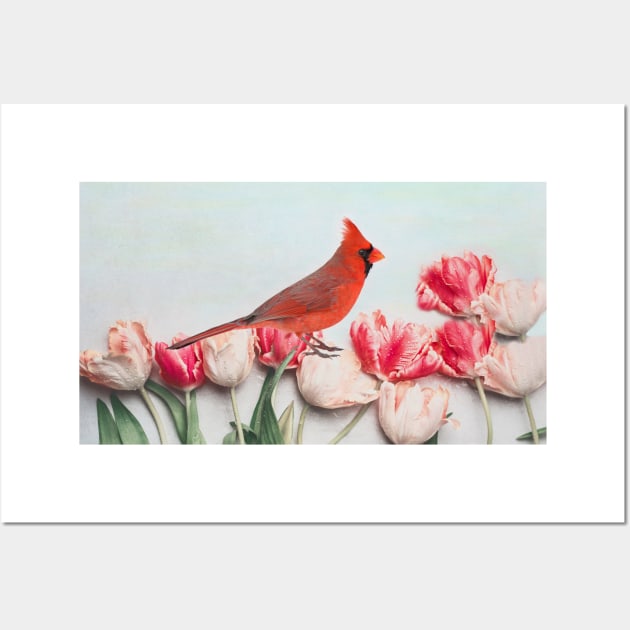 Northern Cardinal in the Tulip Flower Patch Wall Art by lauradyoung